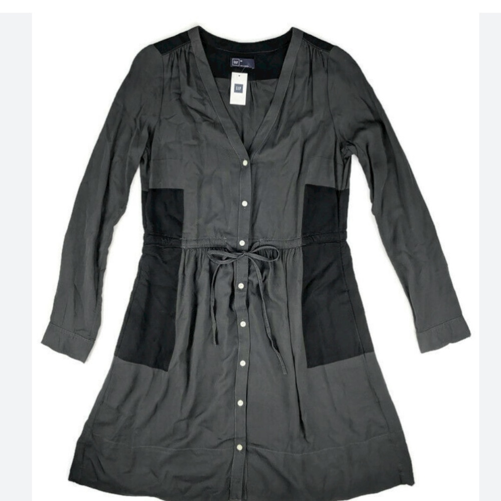 Gap Shirt Dress Black/Gray Color Block w/ Pockets, Button Front, Mid-Length Sz 4